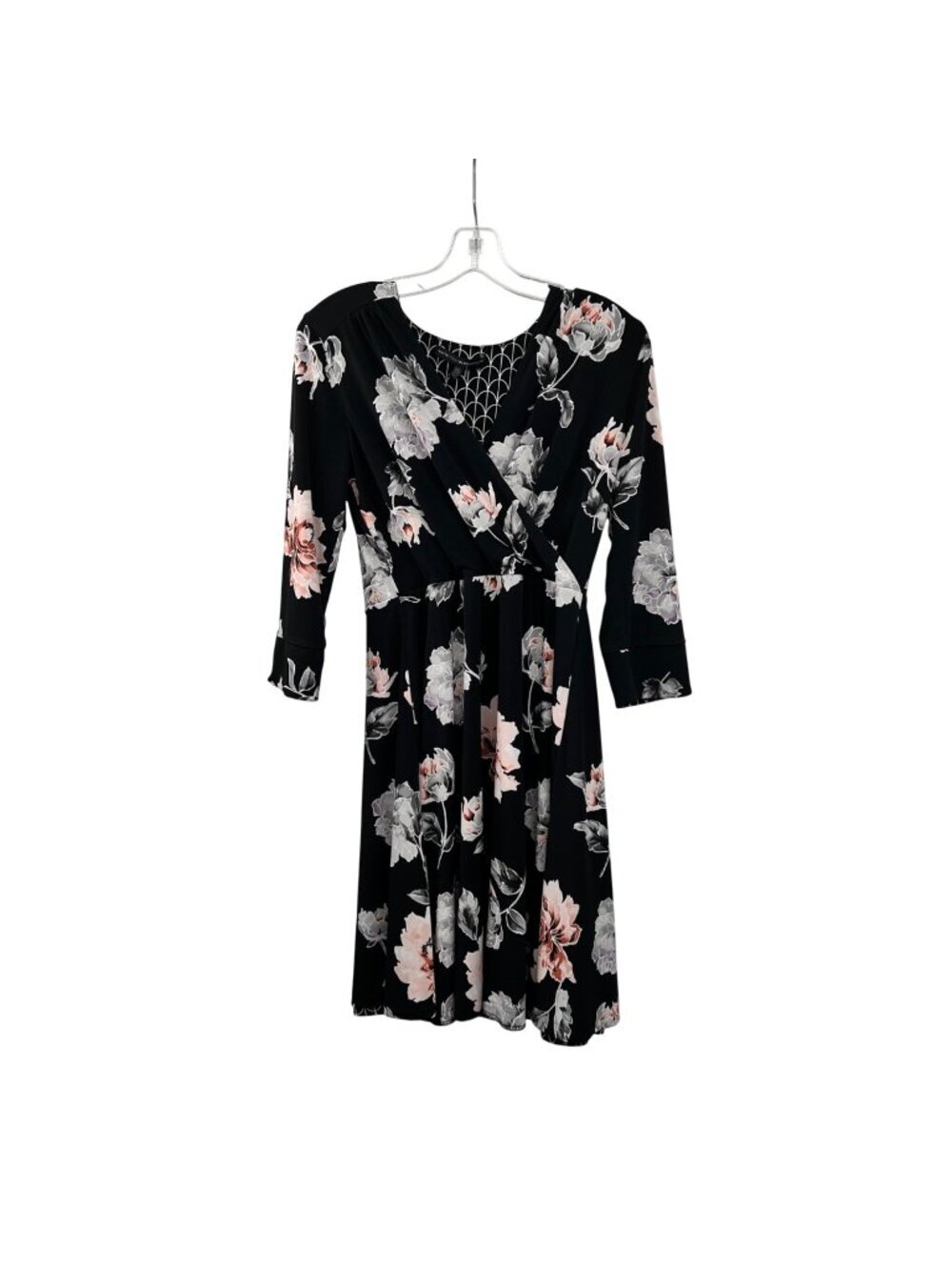 WHBM Womens Floral Surplice Dress A-Line 3/4 Sleeve Black/Multi Size Small